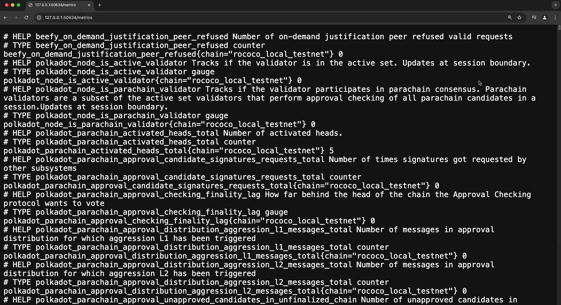 Prometheus metrics for Bob’s node from the Zombienet test