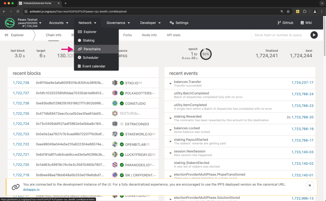 The Network menu for the Paseo TestNet on Polkadot.js Apps