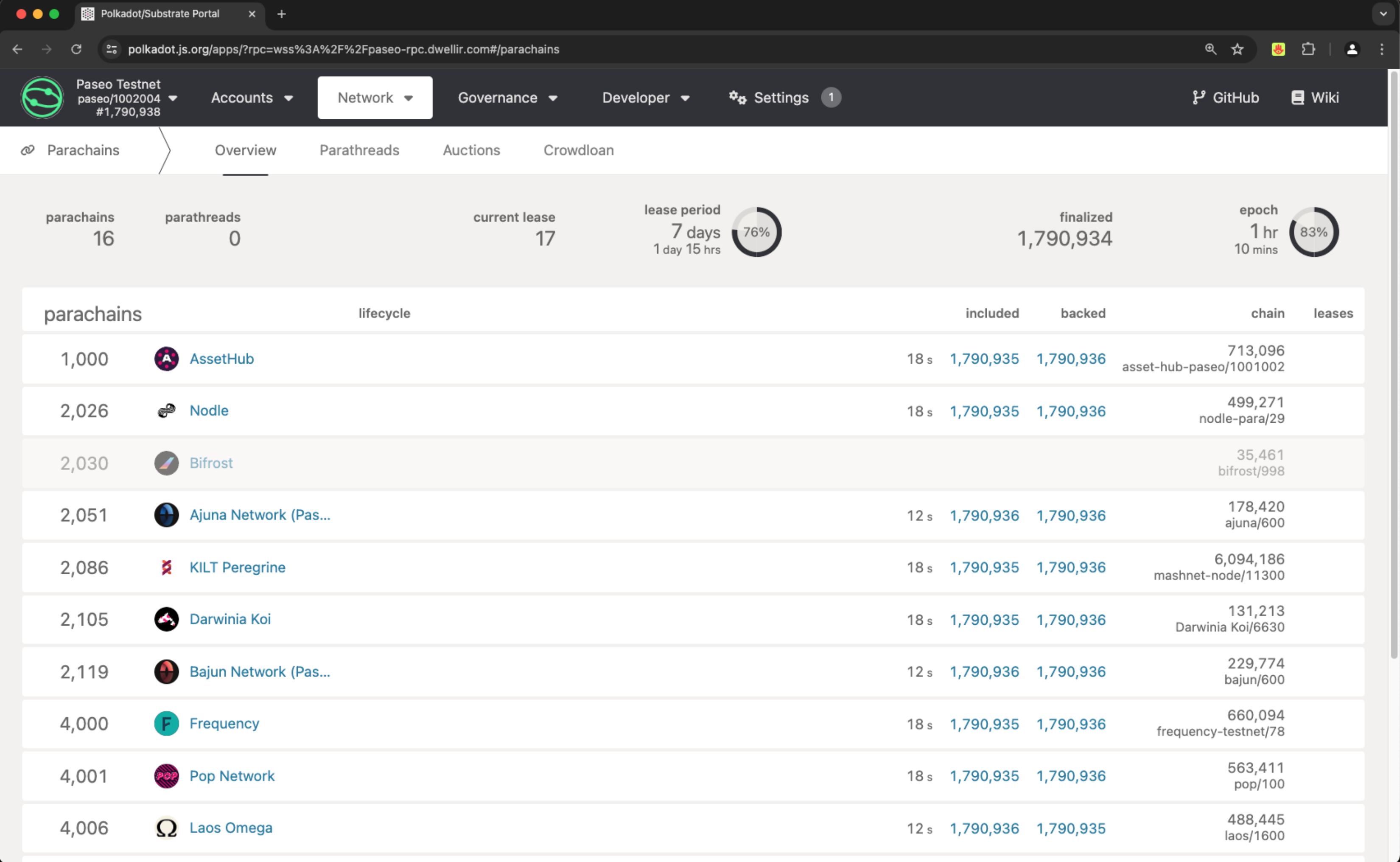 The Parachains section on Polkadot.js Apps