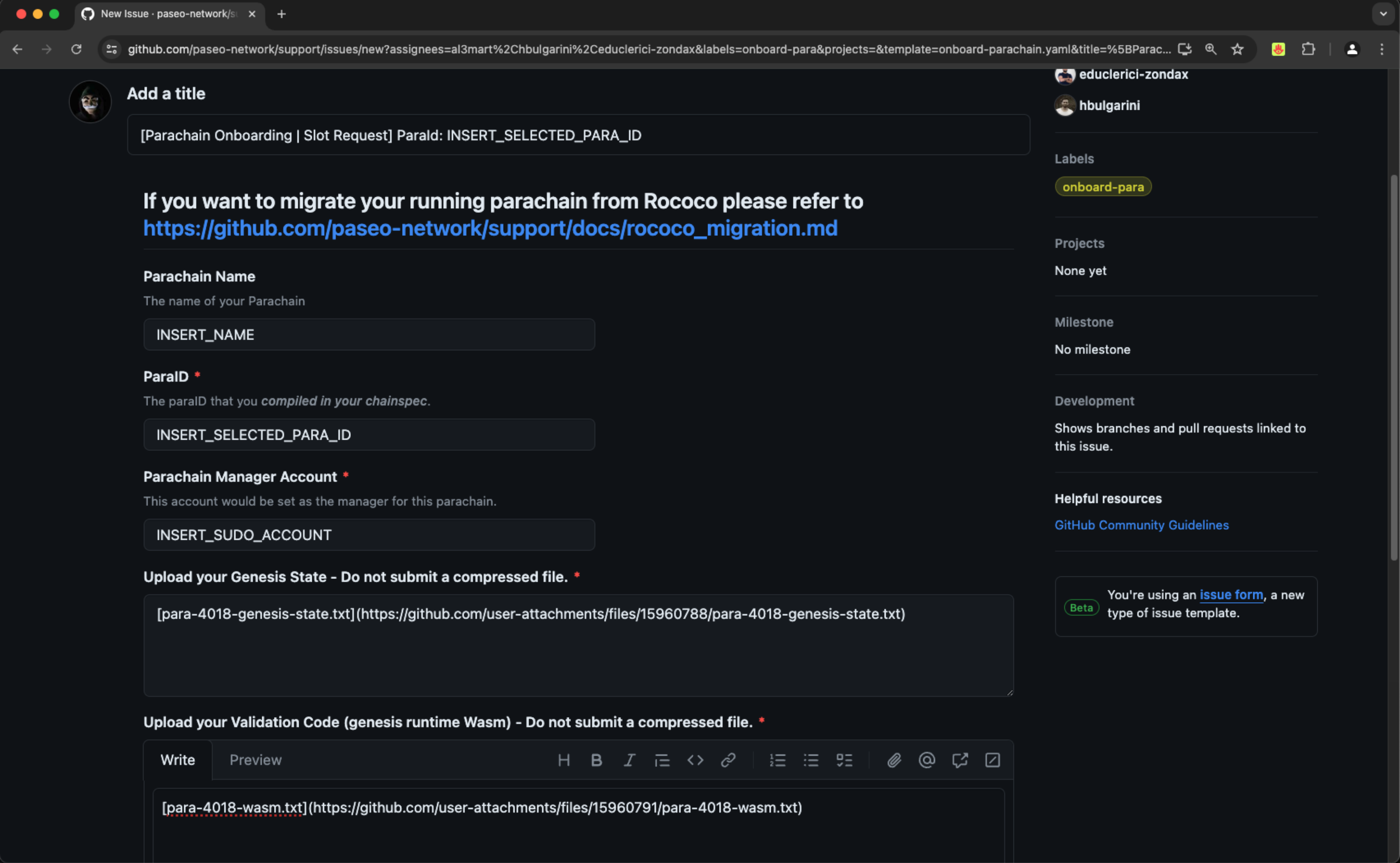 Paseo Parachain Onboarding Issue Template