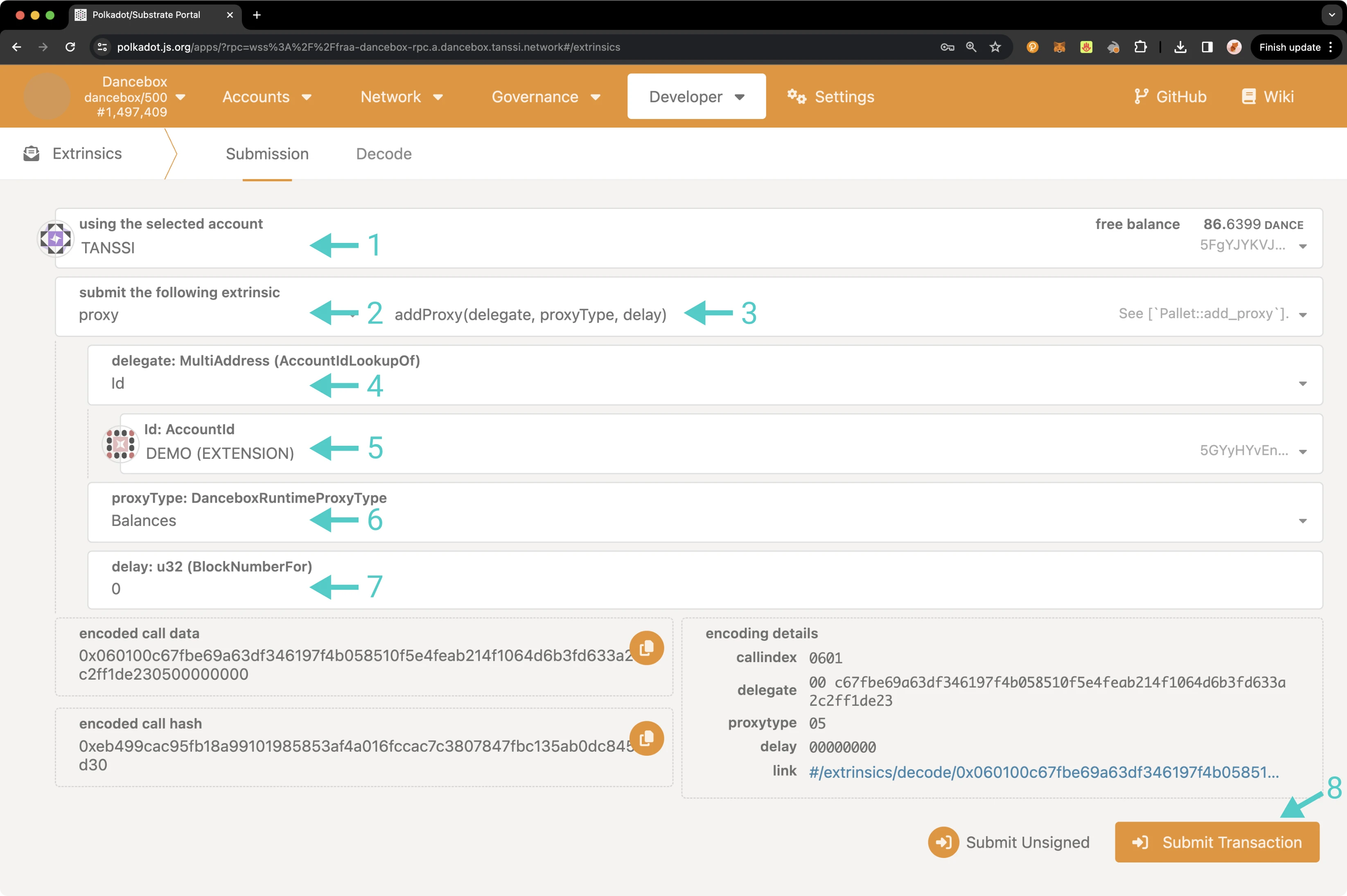 Add a proxy account from the Extrinsics page of Polkadot.js Apps.