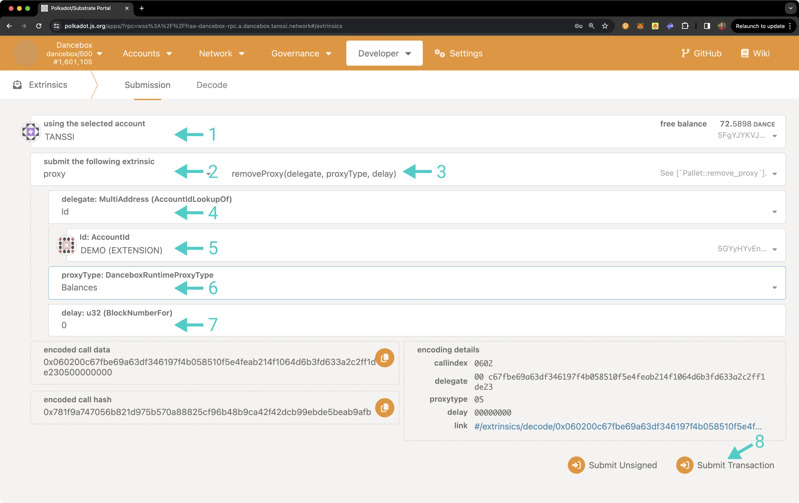 Remove a proxy account from the Extrinsics page of Polkadot.js Apps