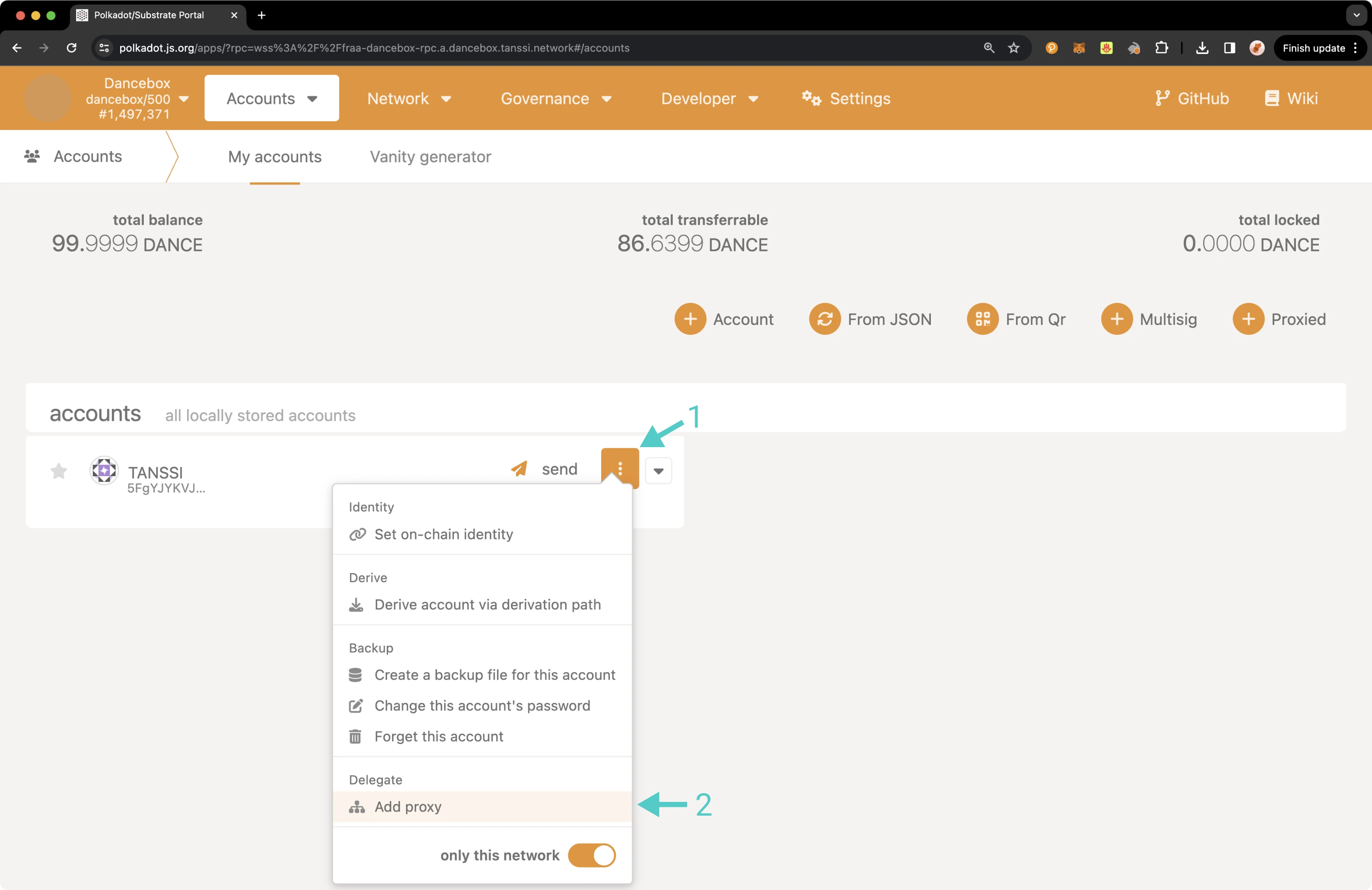 Select the Add proxy menu item from the Accounts page of Polkadot.js Apps.