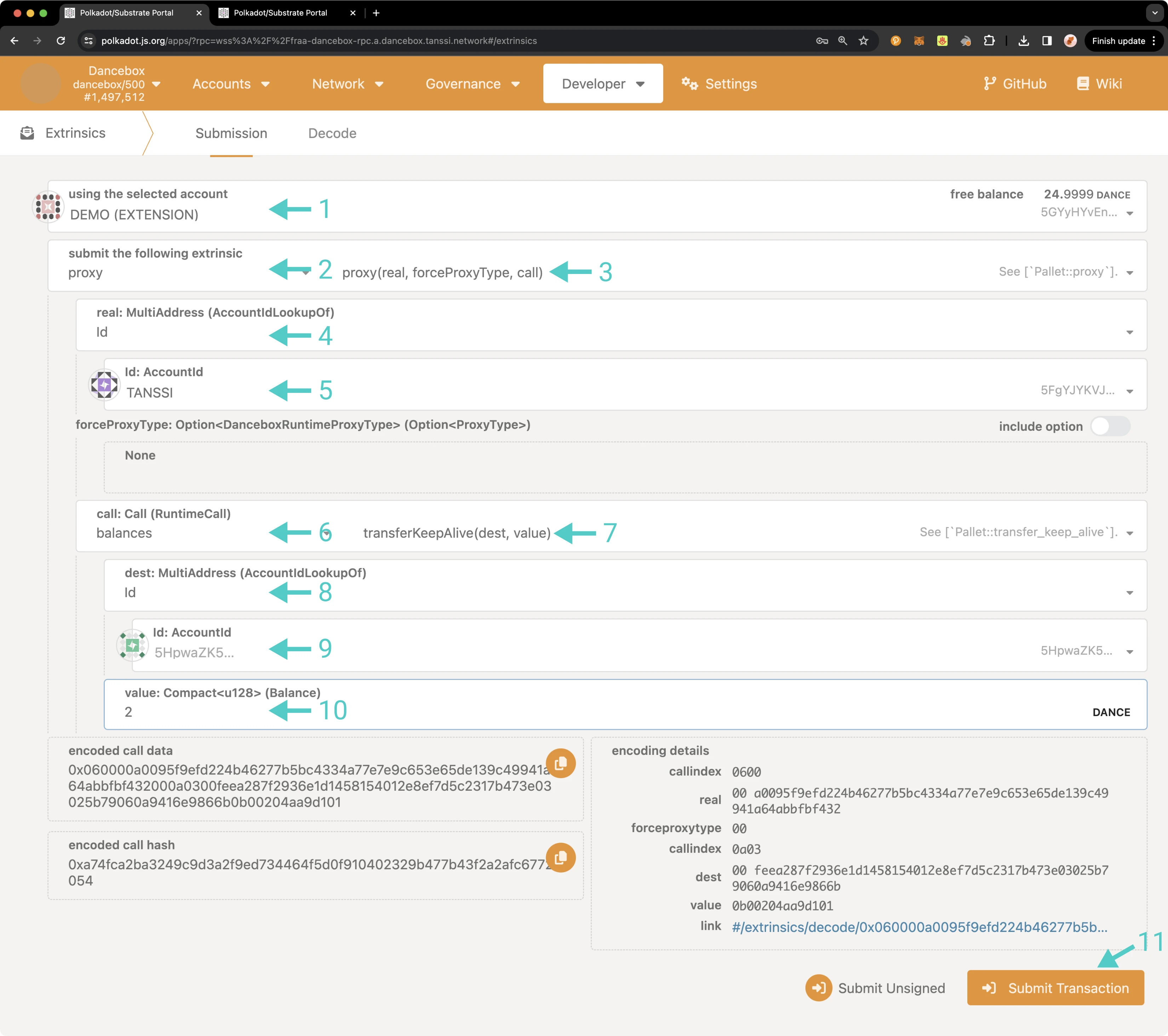 Execute a proxy transaction from the Extrinsics page of Polkadot.js Apps.