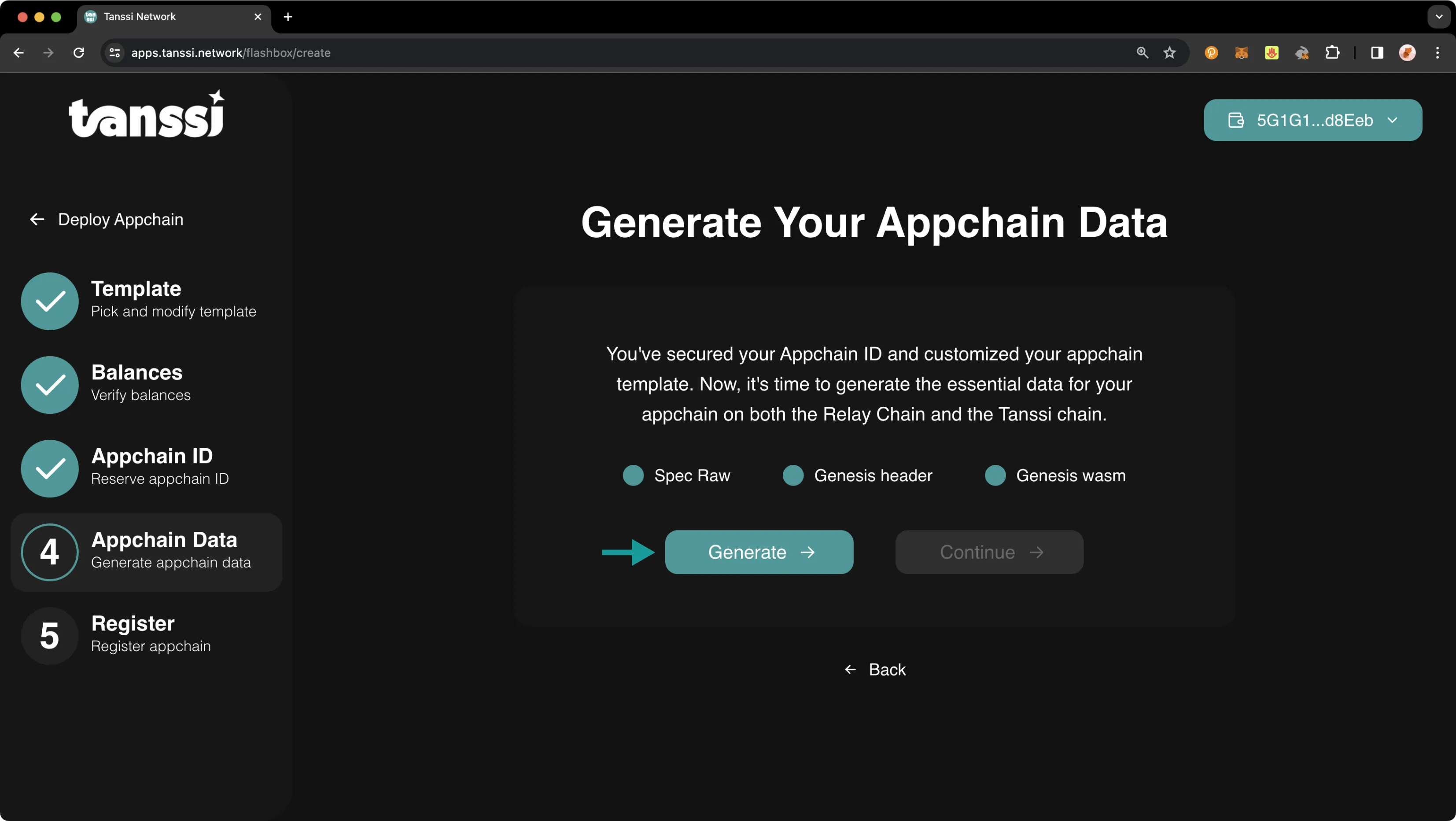 Generate your Tanssi-powered network files with the click of a button on the Tanssi dApp.