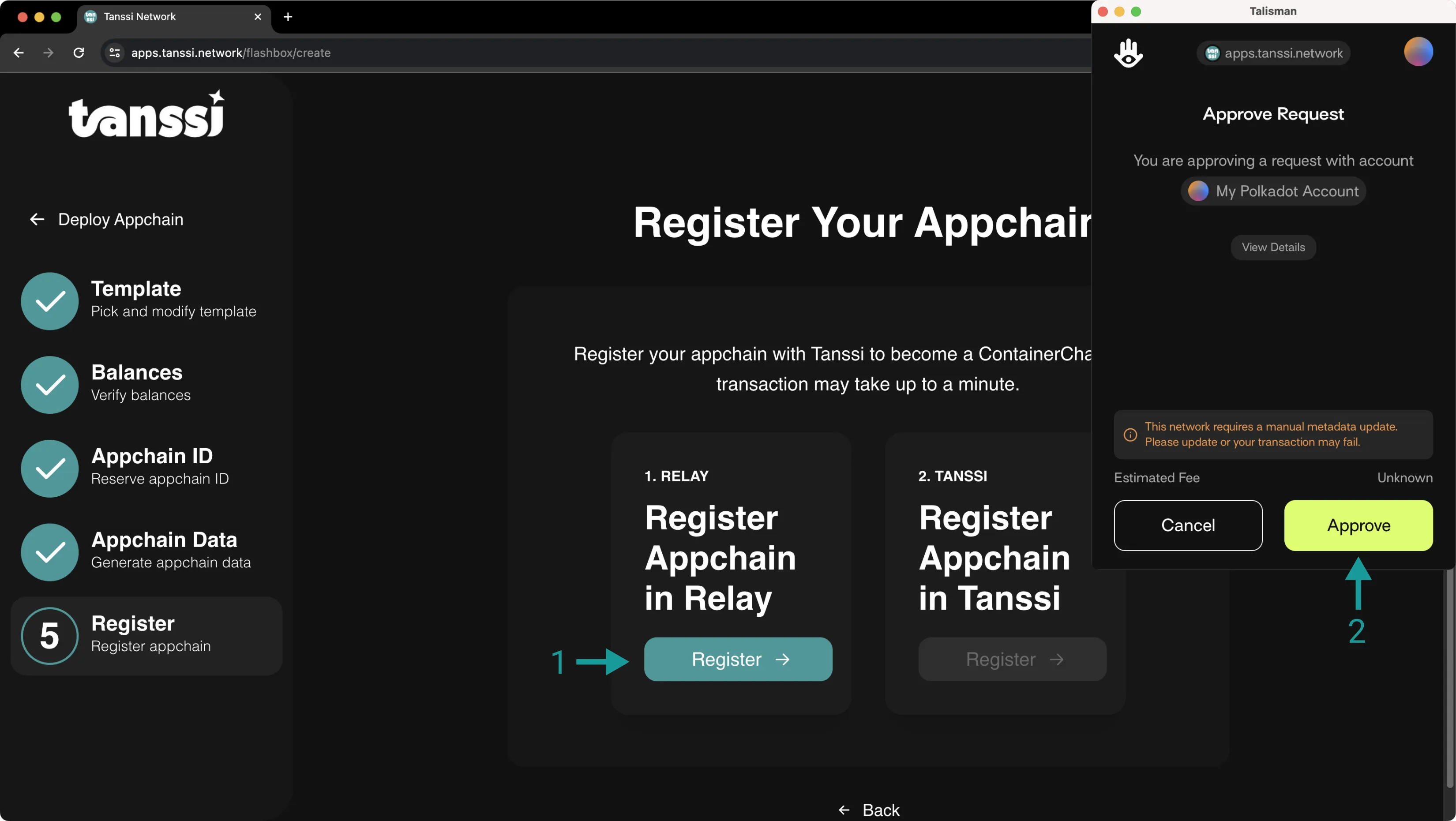 Register your Tanssi-powered network on the relay chain.