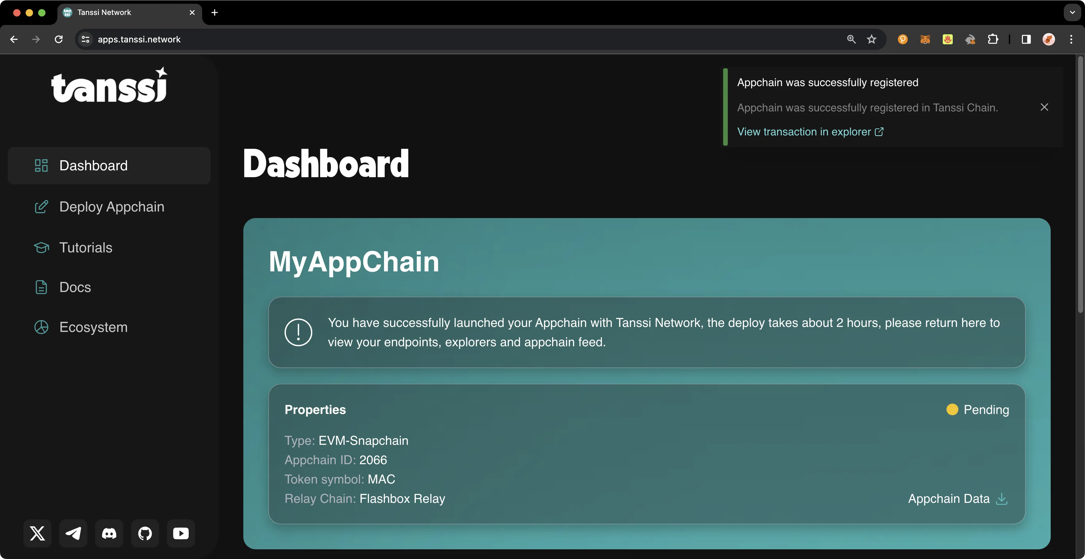 The network dashboard on the Tanssi dApp.