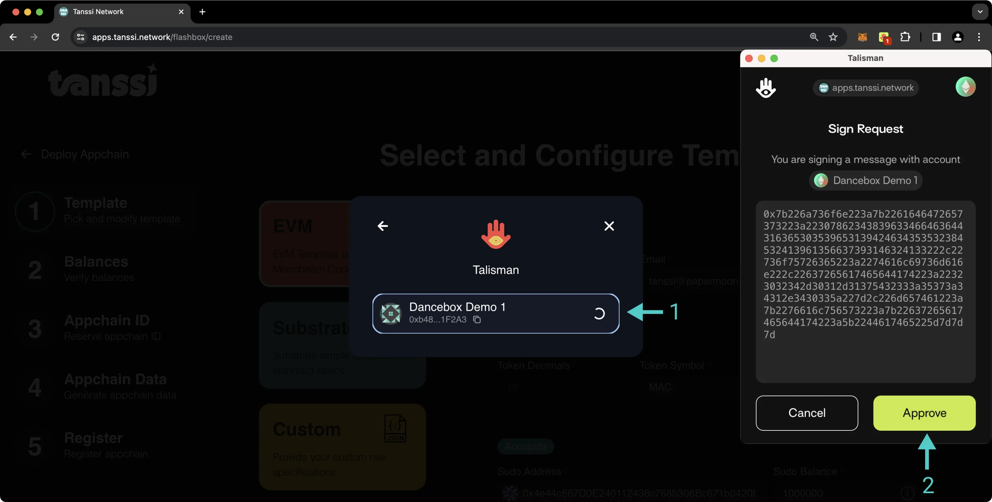 Click on the Connect Wallet button to connect your wallet to the Tanssi dApp.