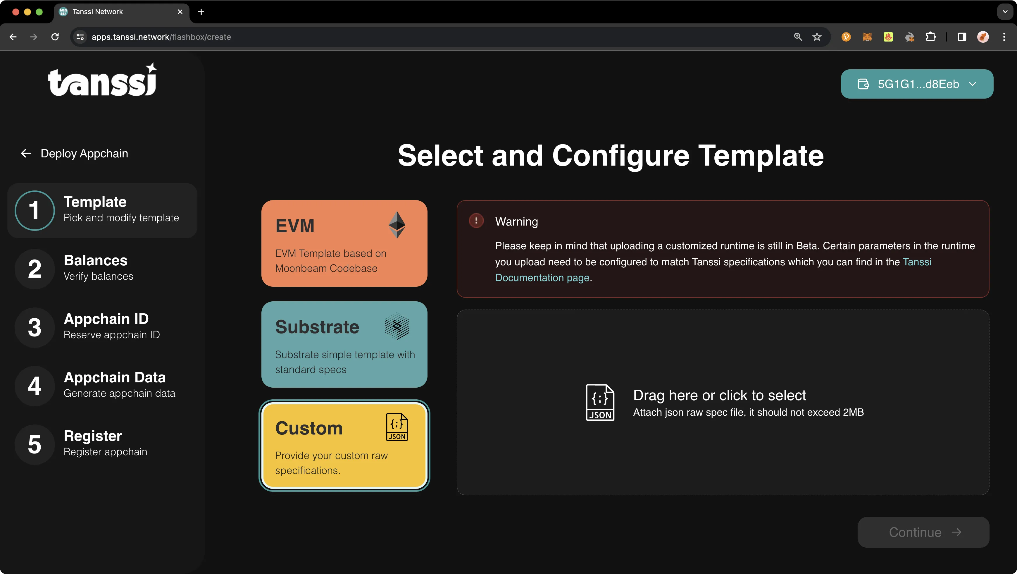 Upload a custom raw specification file to the Tanssi dApp.