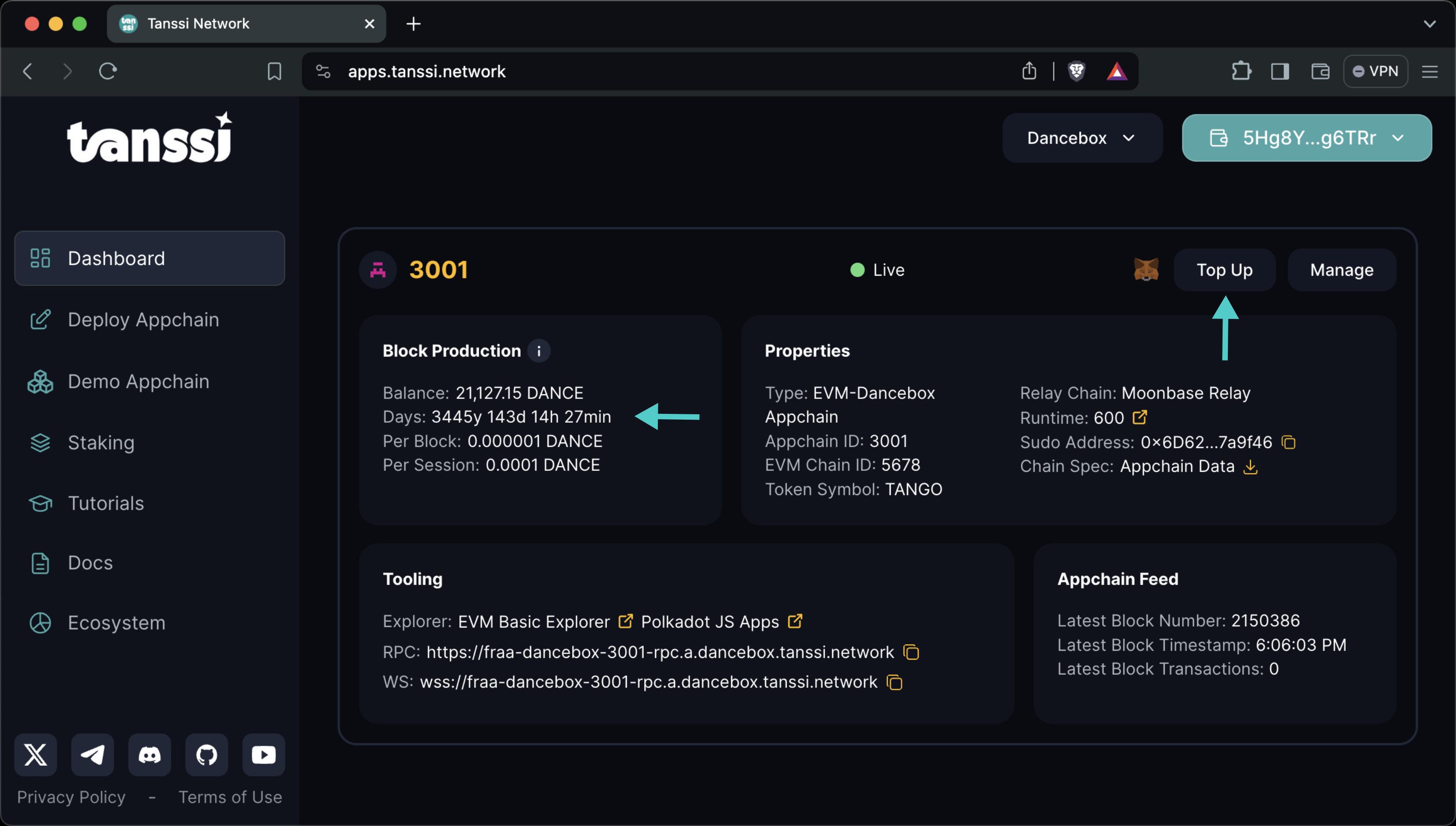 Top-up action button in the dApp