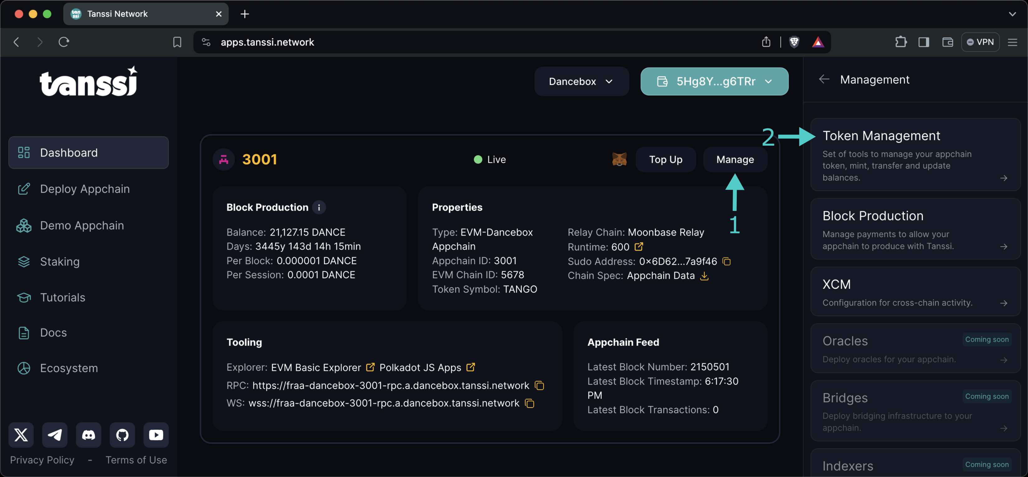 Accessing the token management panel