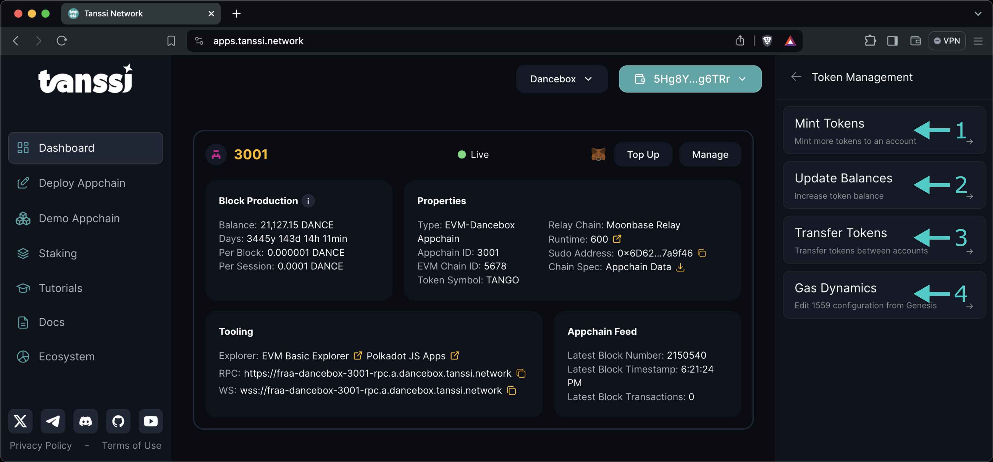 The token management panel