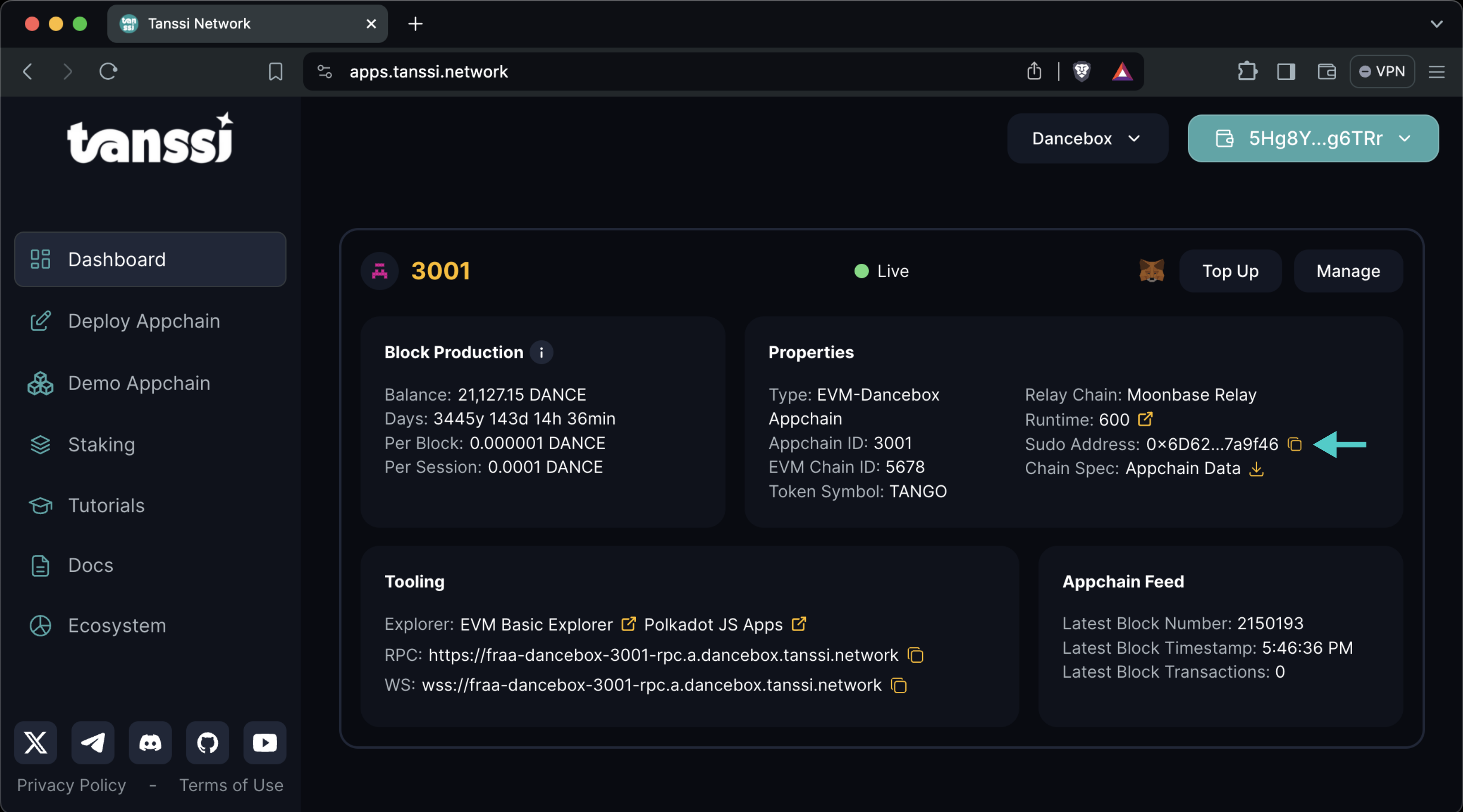 Locating your Sudo address on apps.tanssi.network