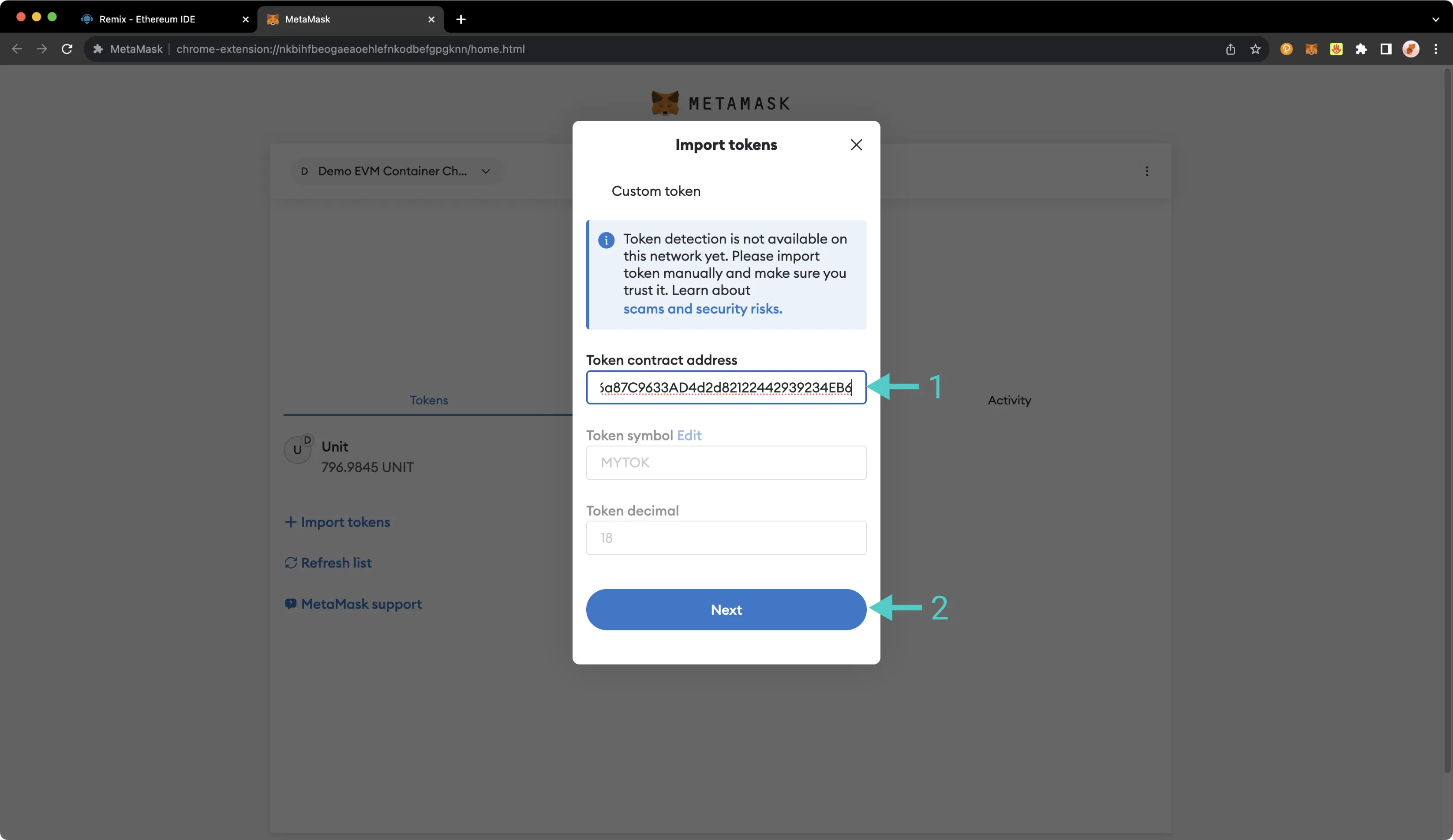 Paste the copied contract address