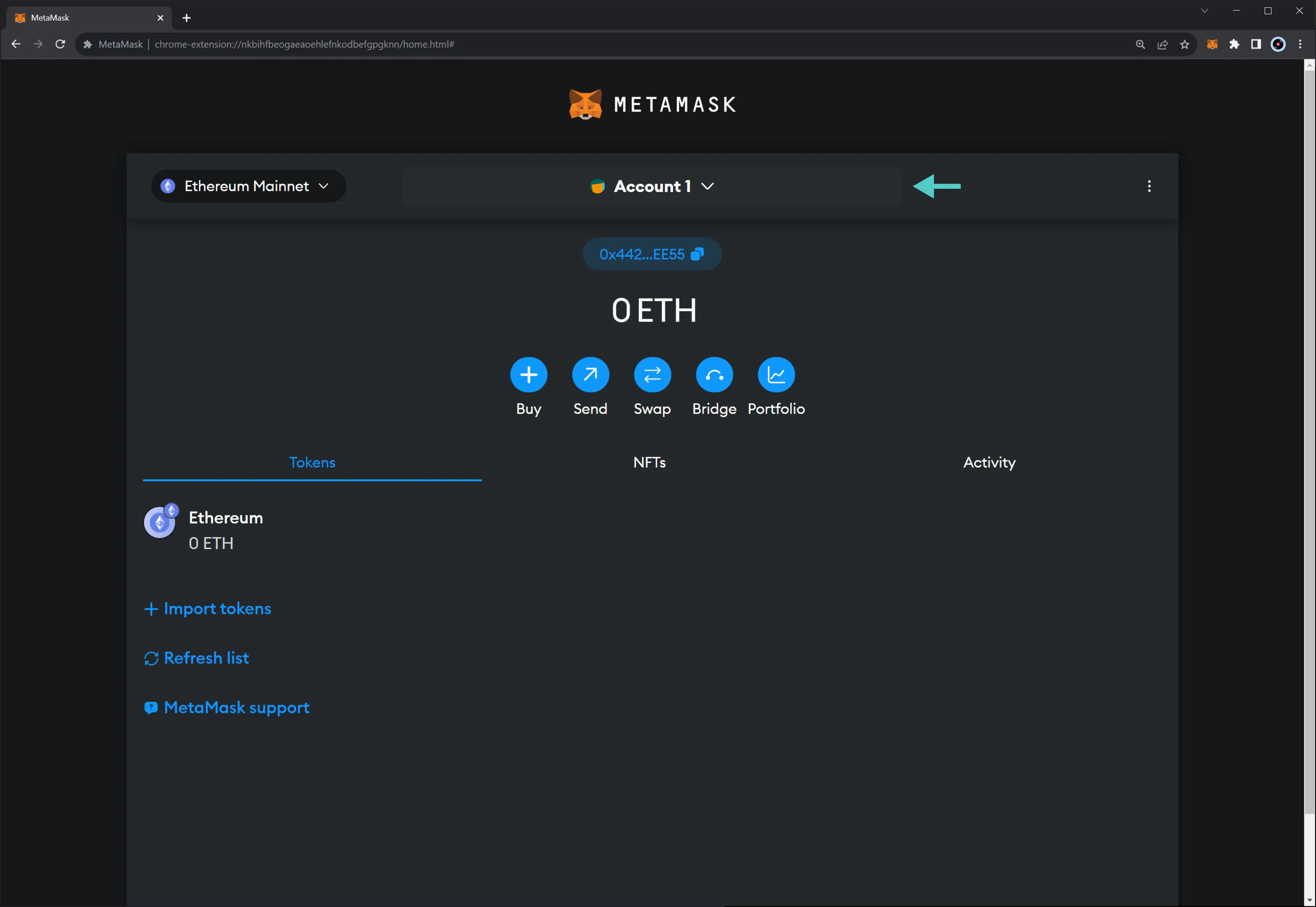 Importing account from private key metamask menu