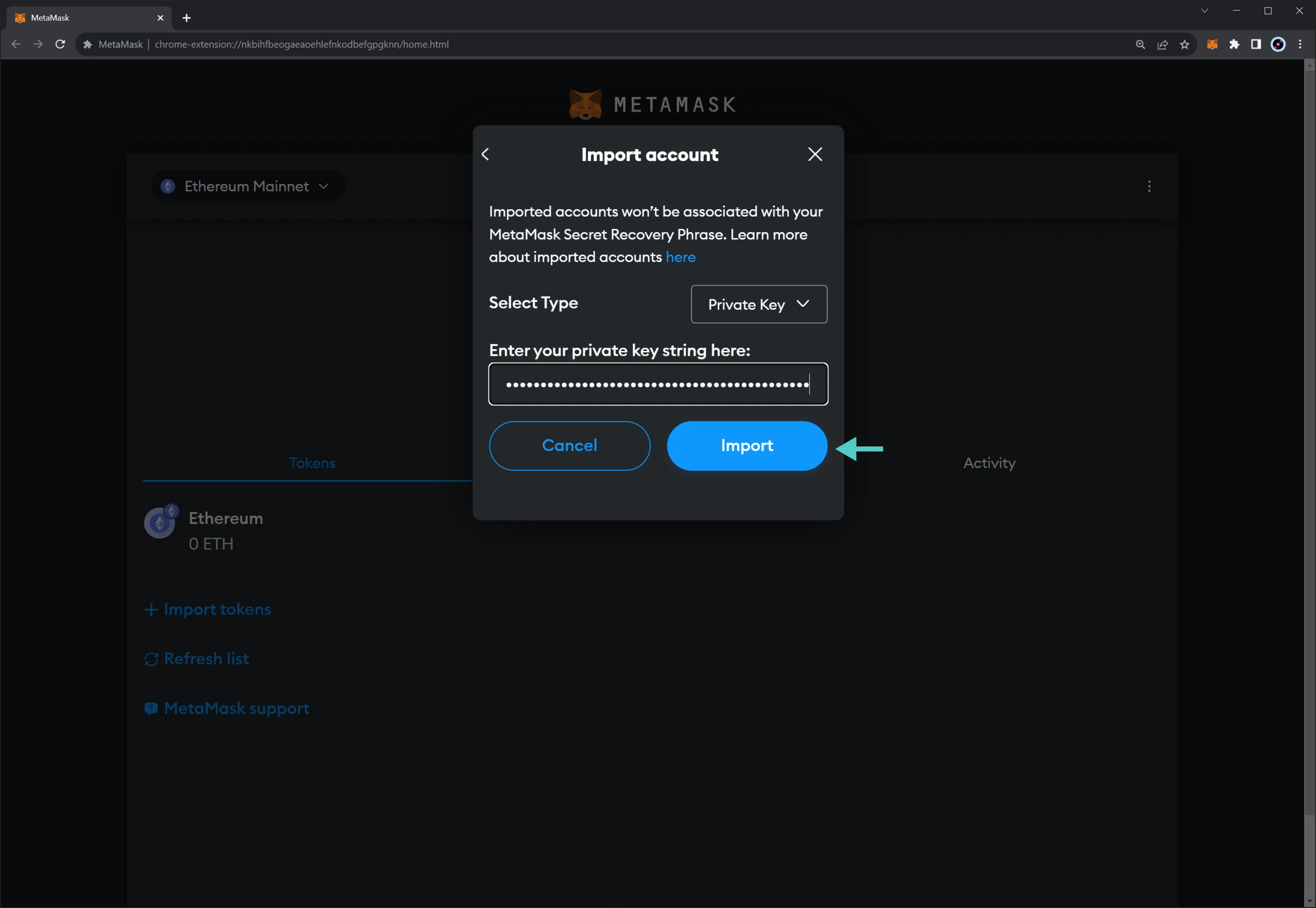 Paste your account key into MetaMask