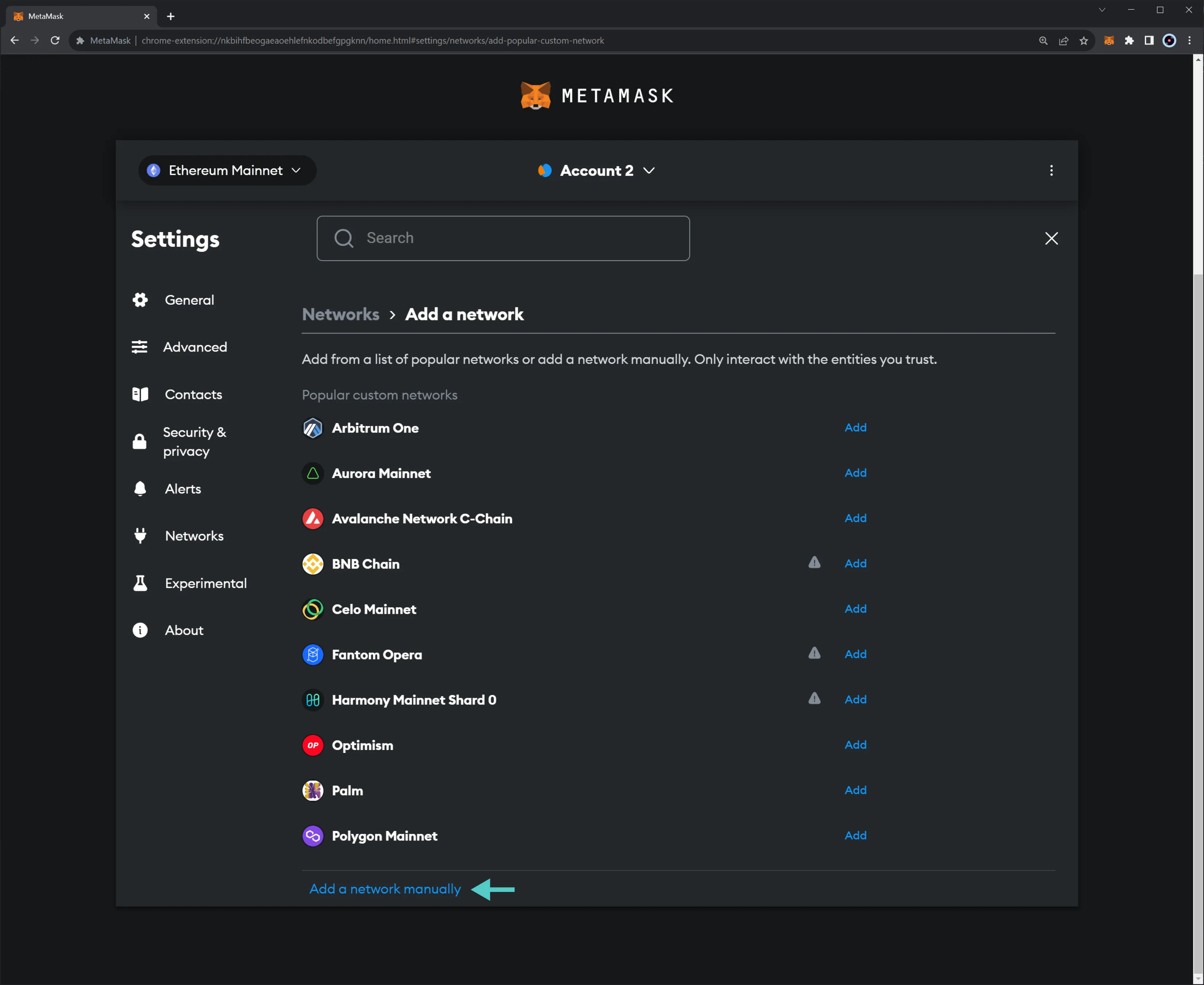 Add network manually in Metamask