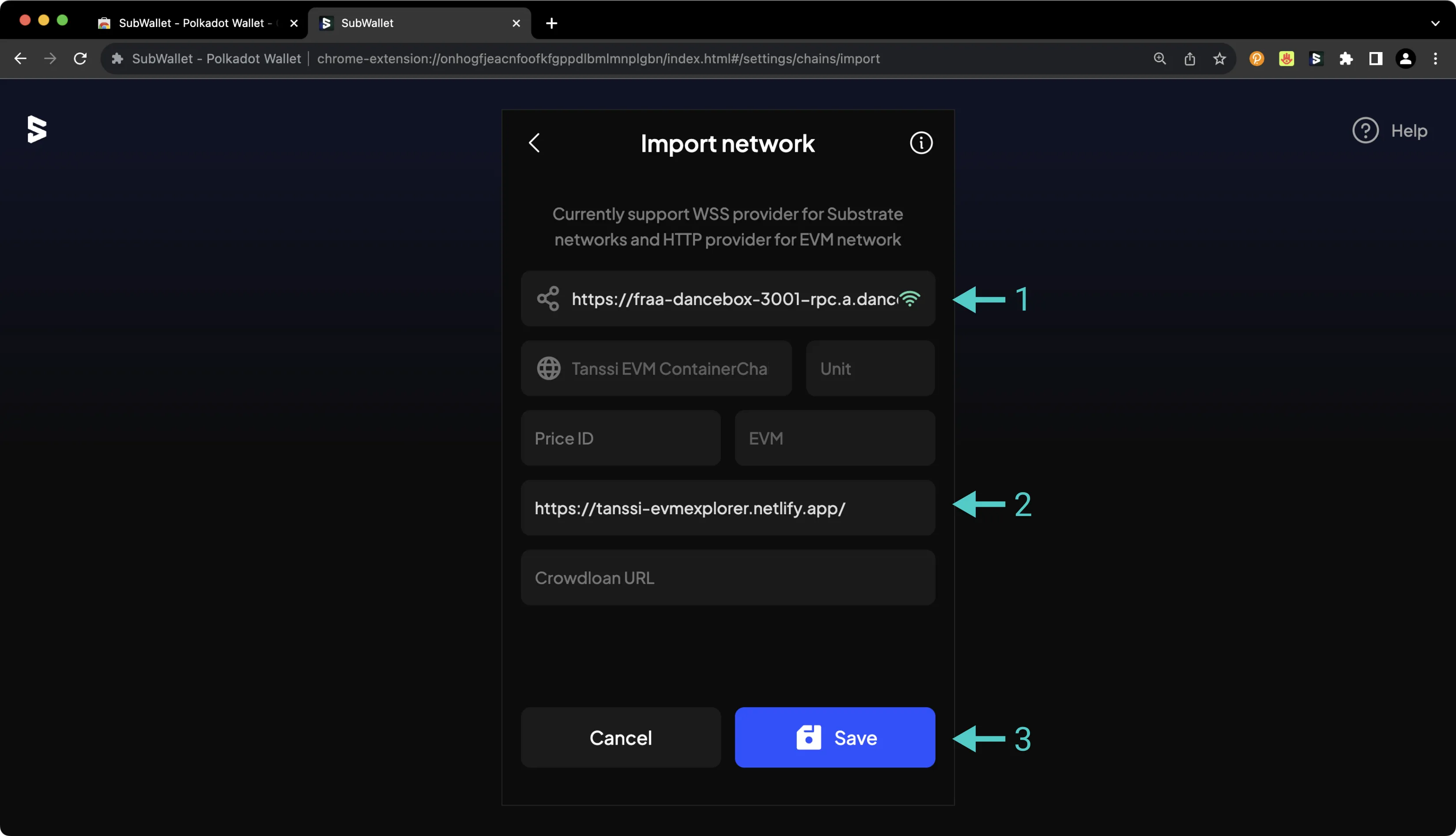 Add your Tanssi-Powered Network Details in SubWallet