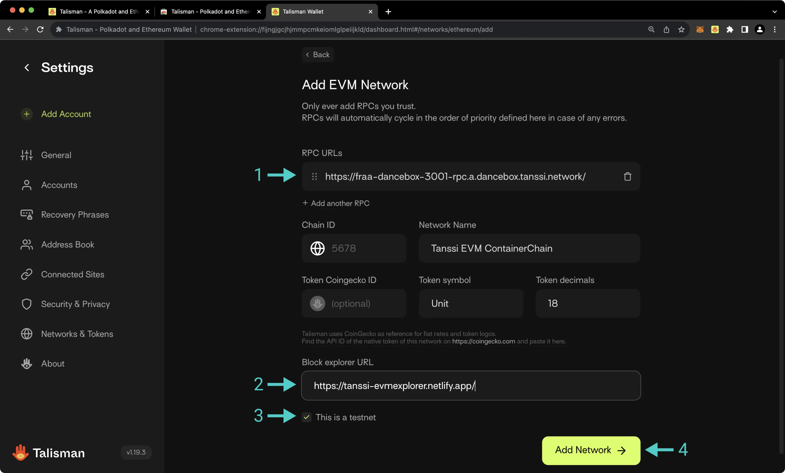 Add your Tanssi-Powered Network Details