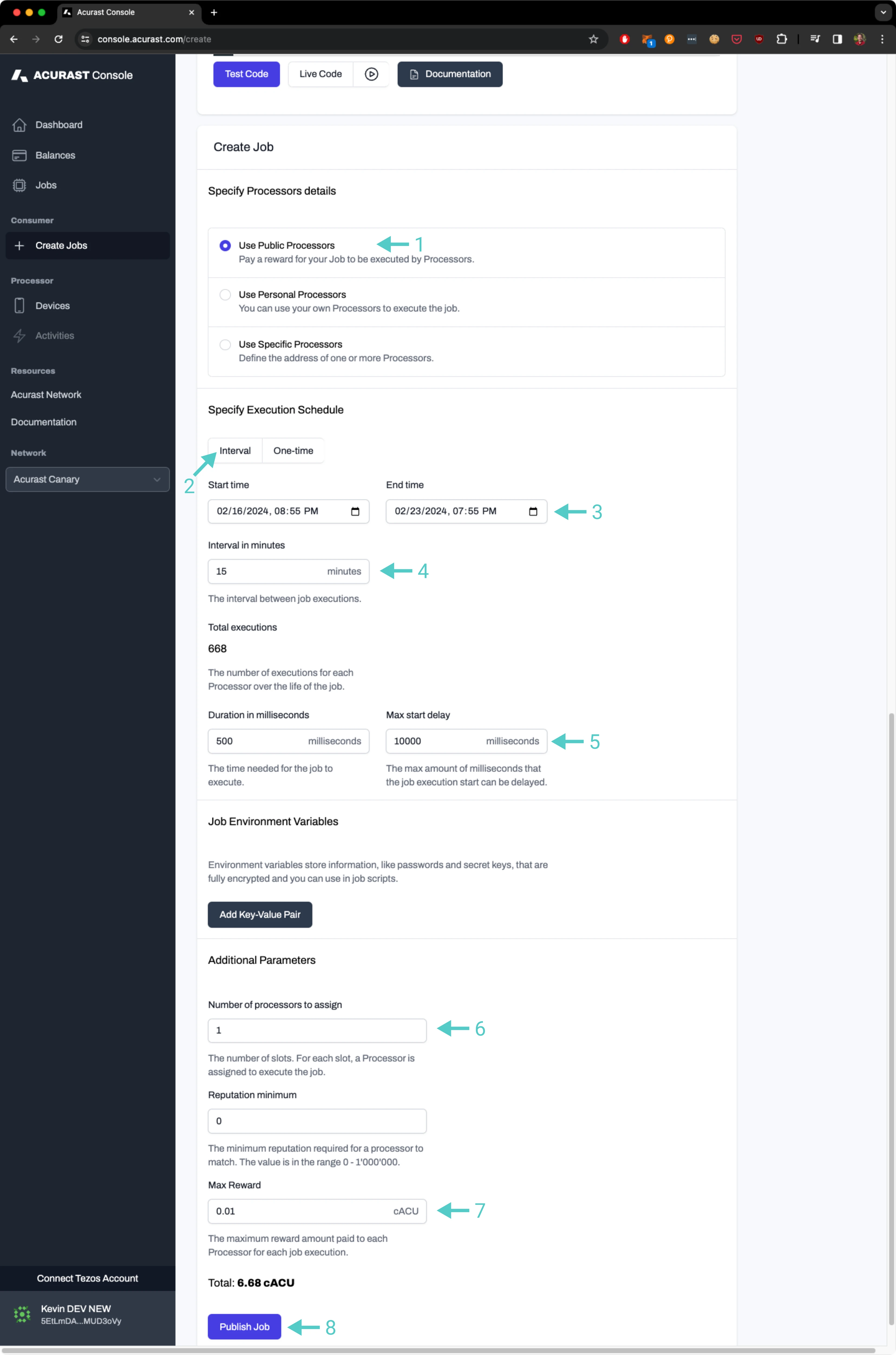 Job setup on Acurast console continued