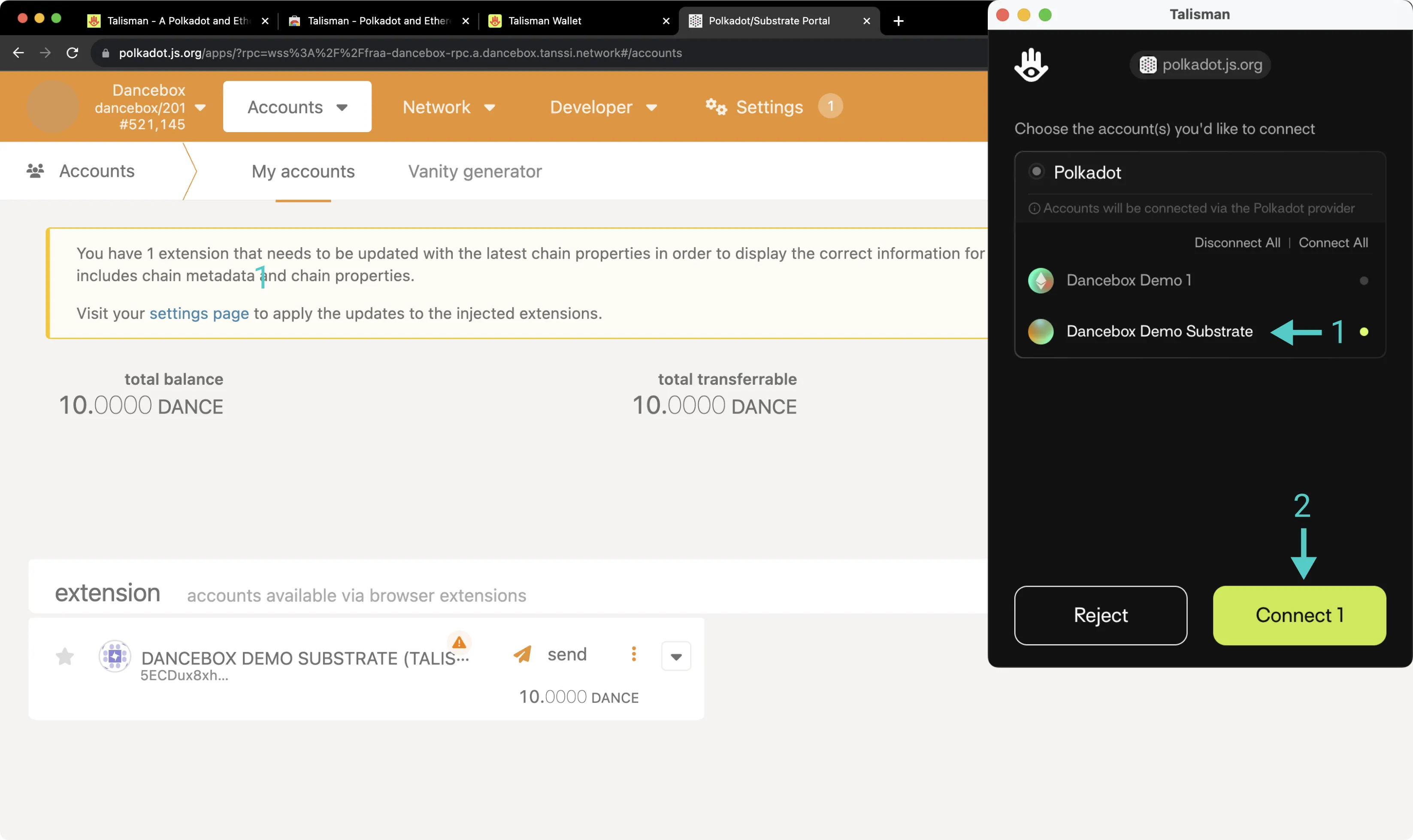 Connect Talisman to Polkadot.js Apps