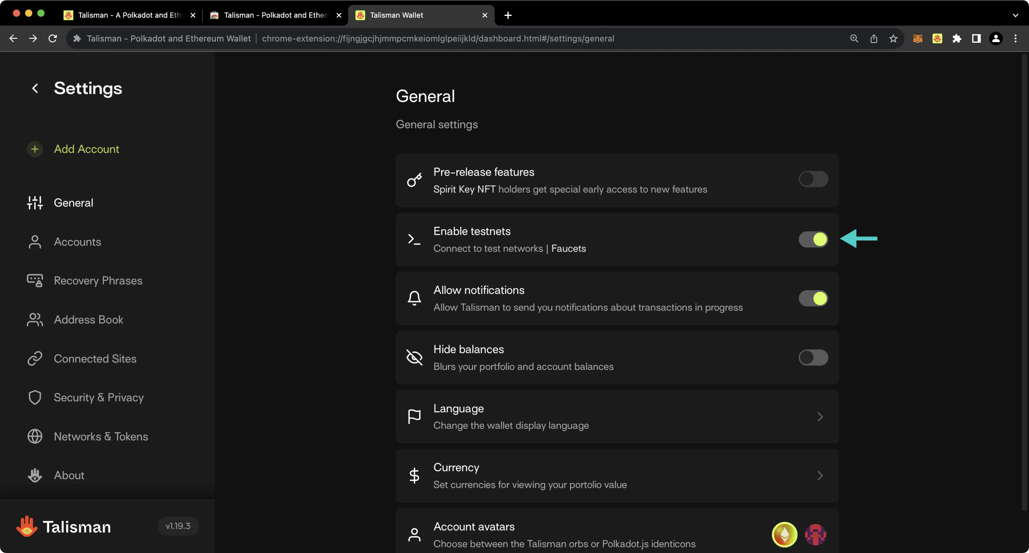 See your TestNet account balances in Talisman