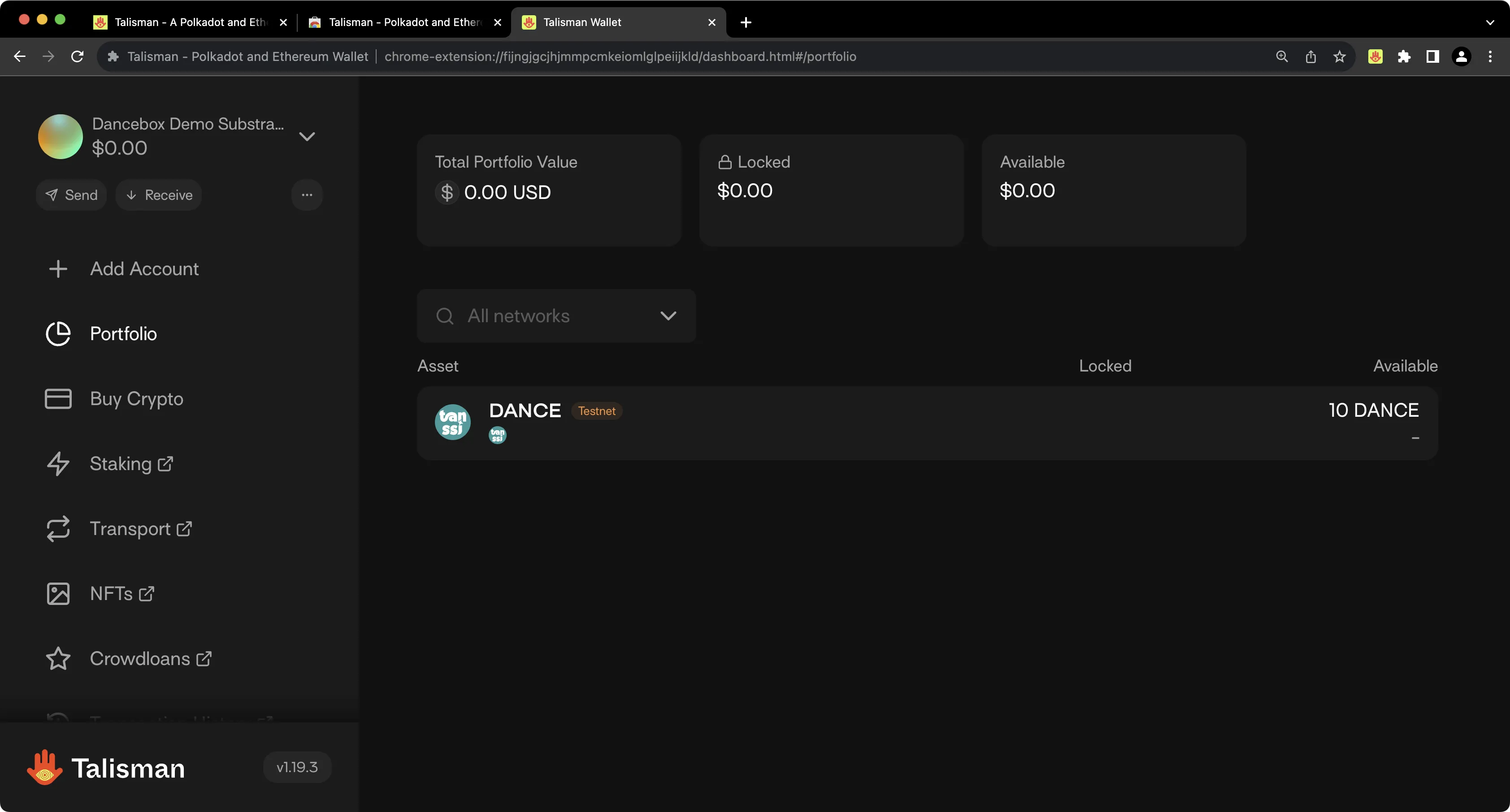 See your TestNet account balances in Talisman