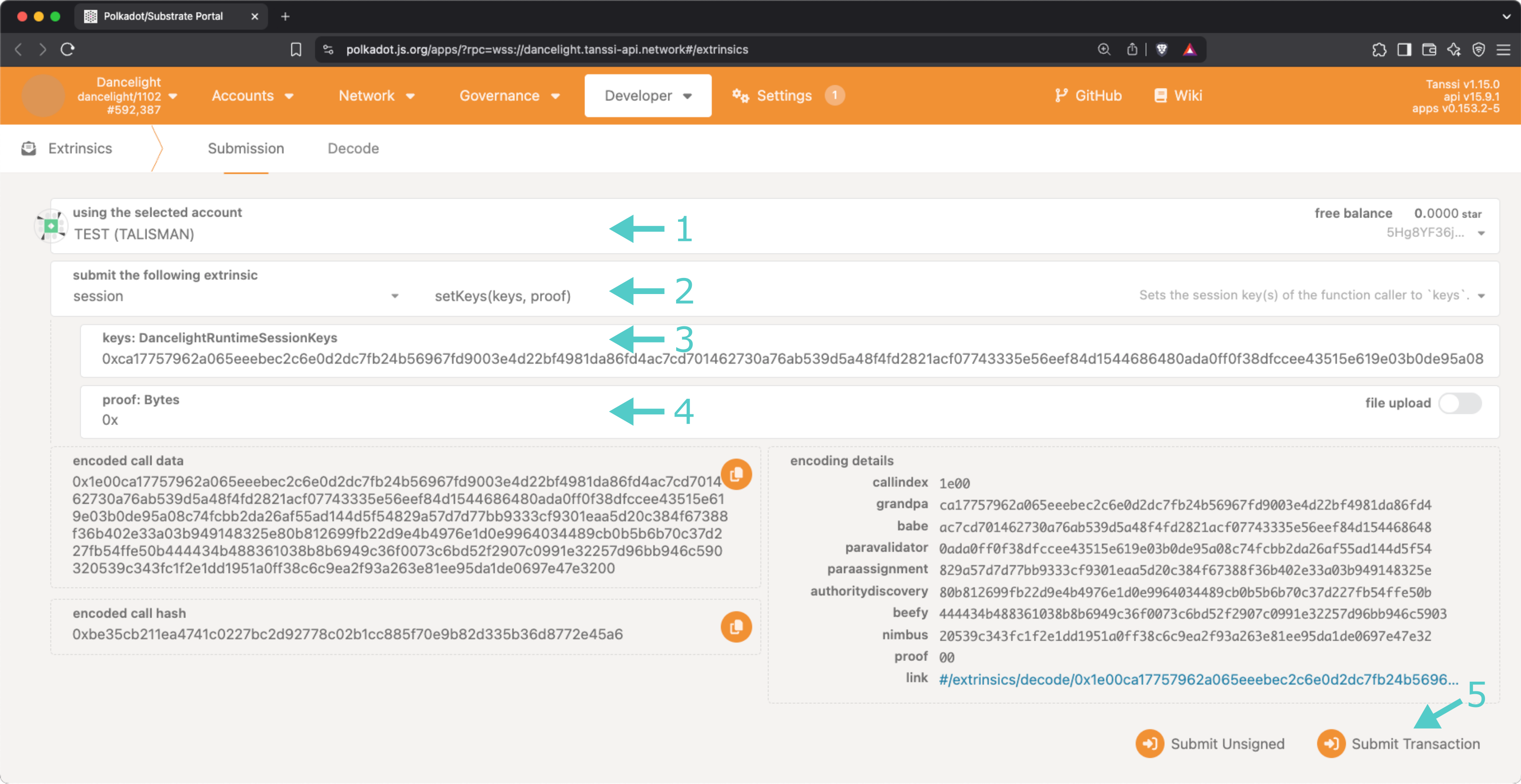 Create and submit a transaction to set session keys on Polkadot.js Apps