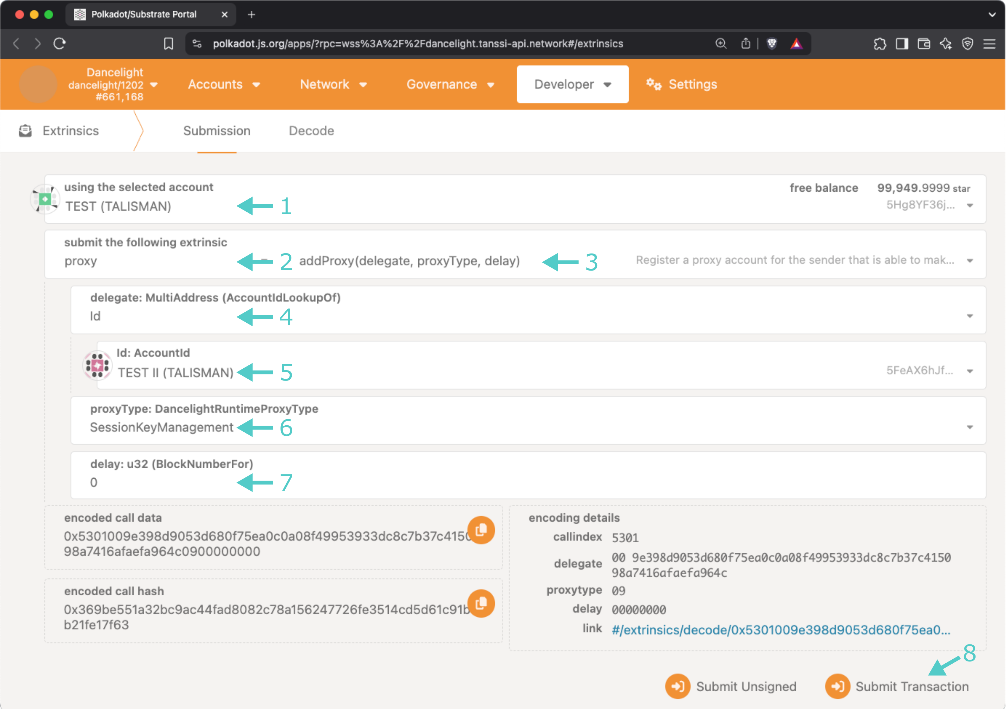 Add a proxy account from the Extrinsics page of the developer portal