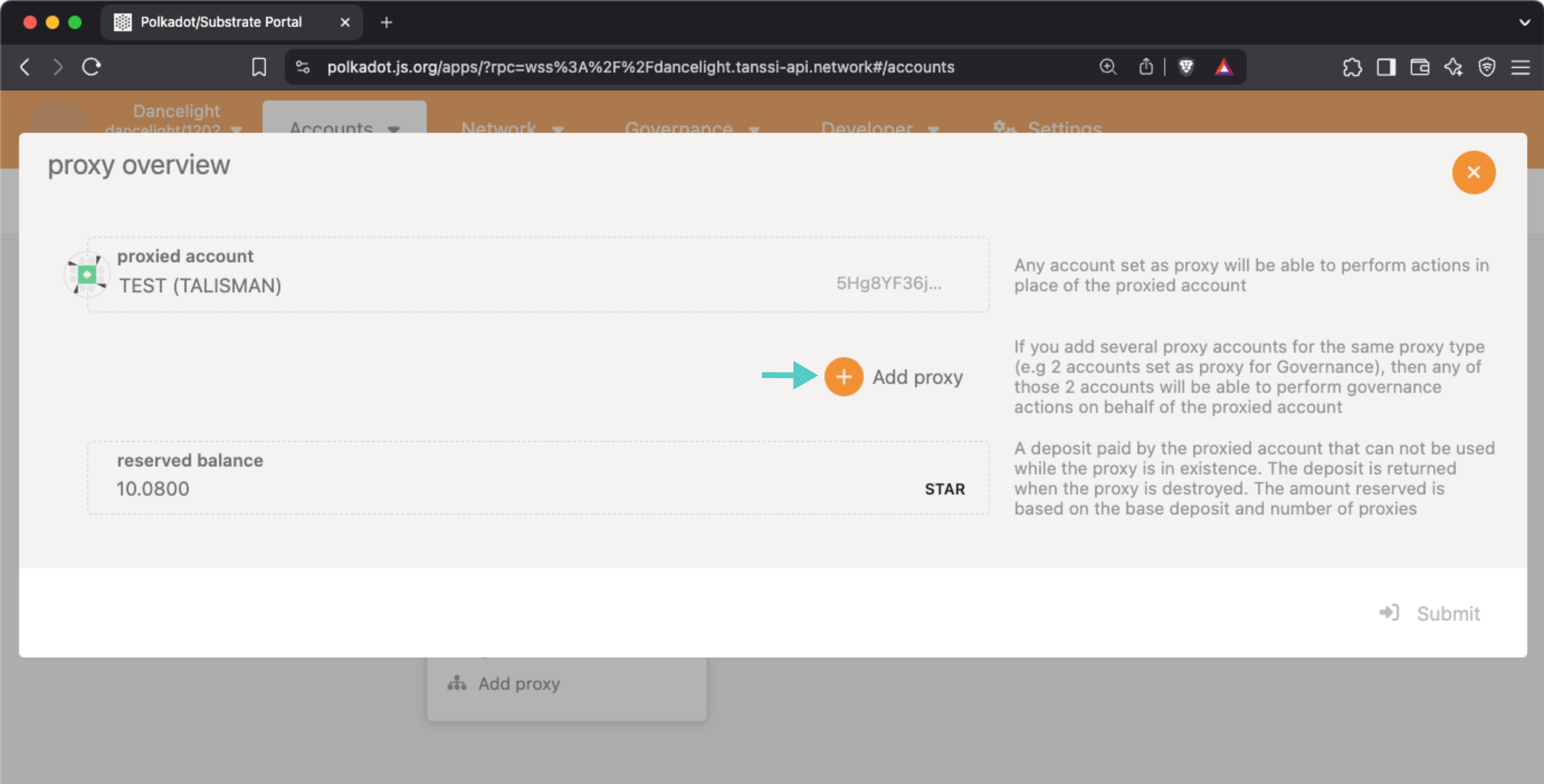 Add a proxy account from the Accounts page of the developer portal