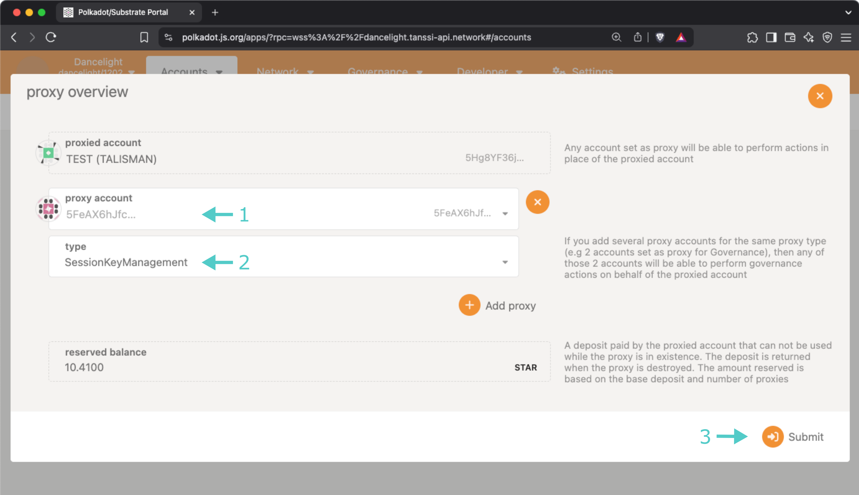 Add the details of the proxy account, including the proxy account and type