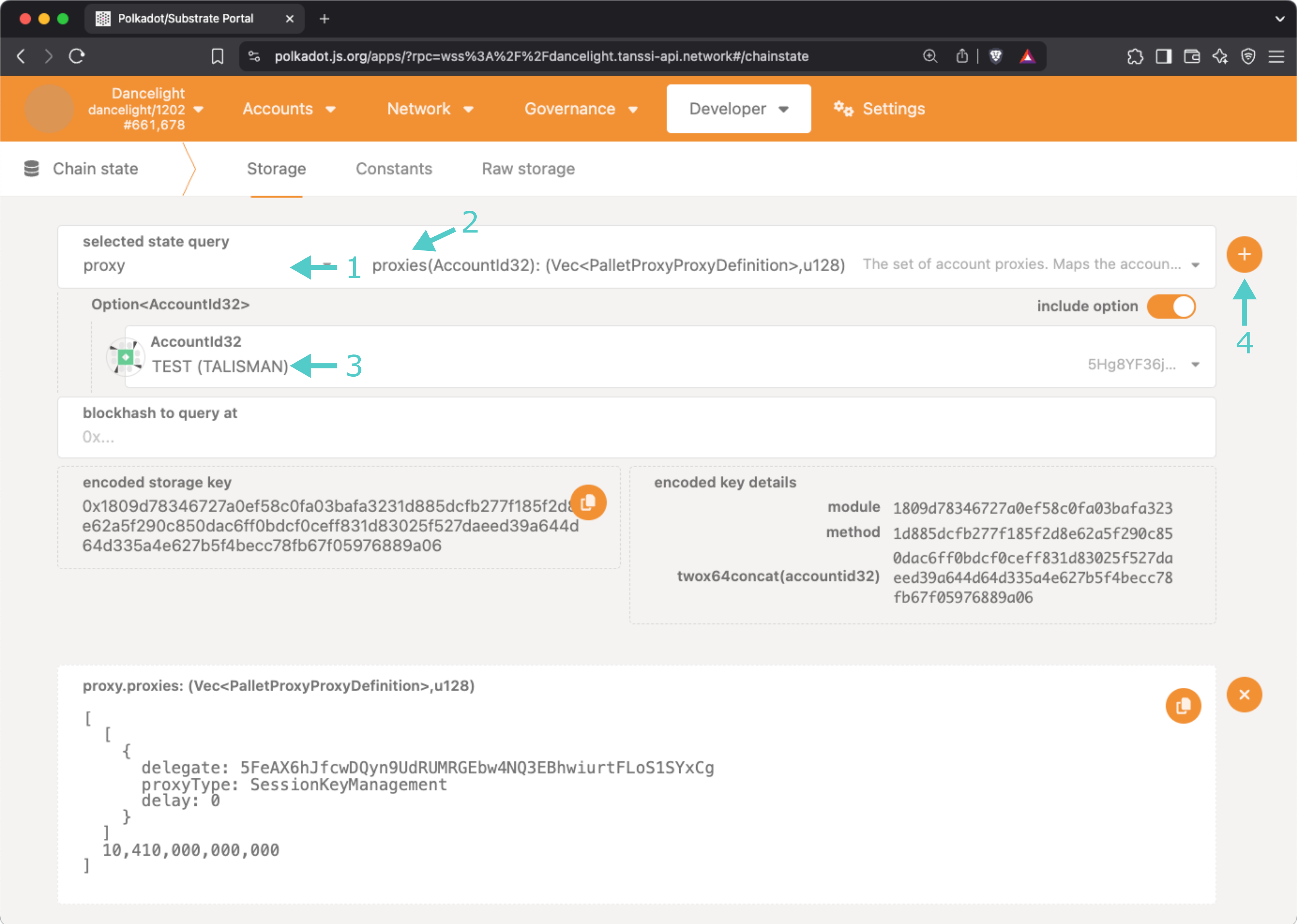 Verify your proxy accounts via the chain state page of the developer portal
