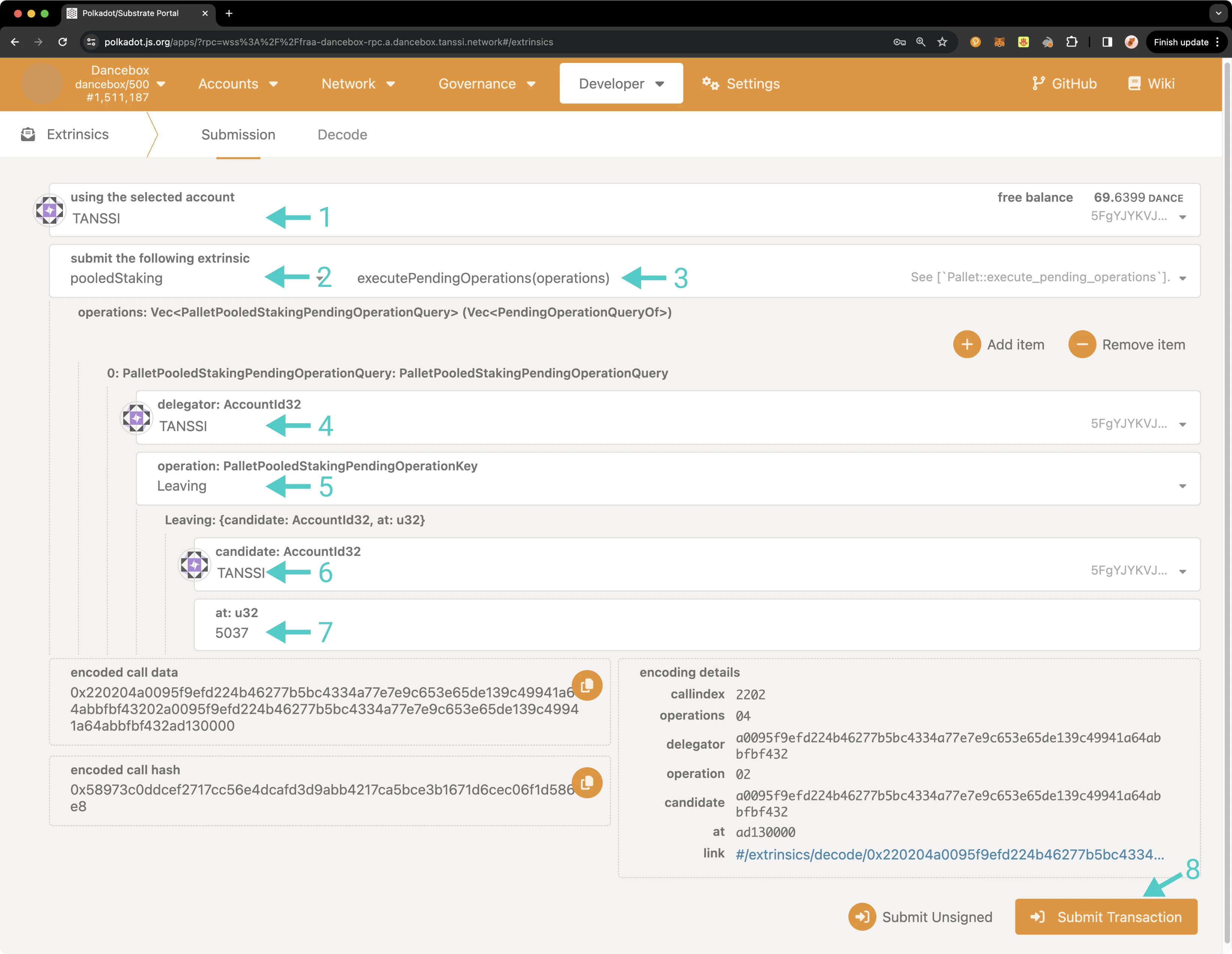 Create and submit an extrinsic to execute the pending self-delegation request on Polkadot.js Apps