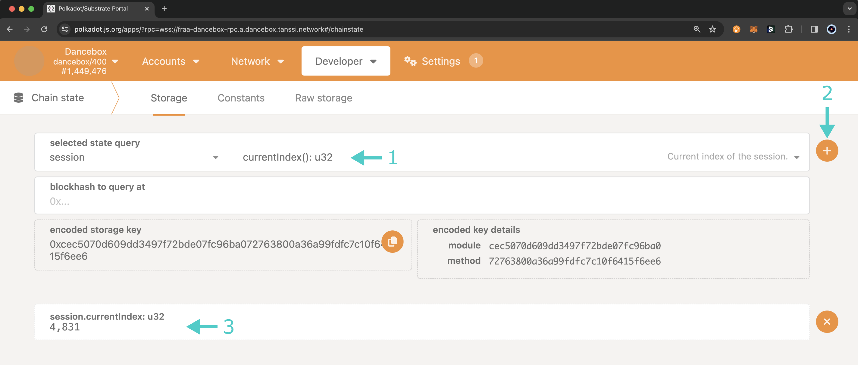 Query the current session index on Polkadot.js Apps