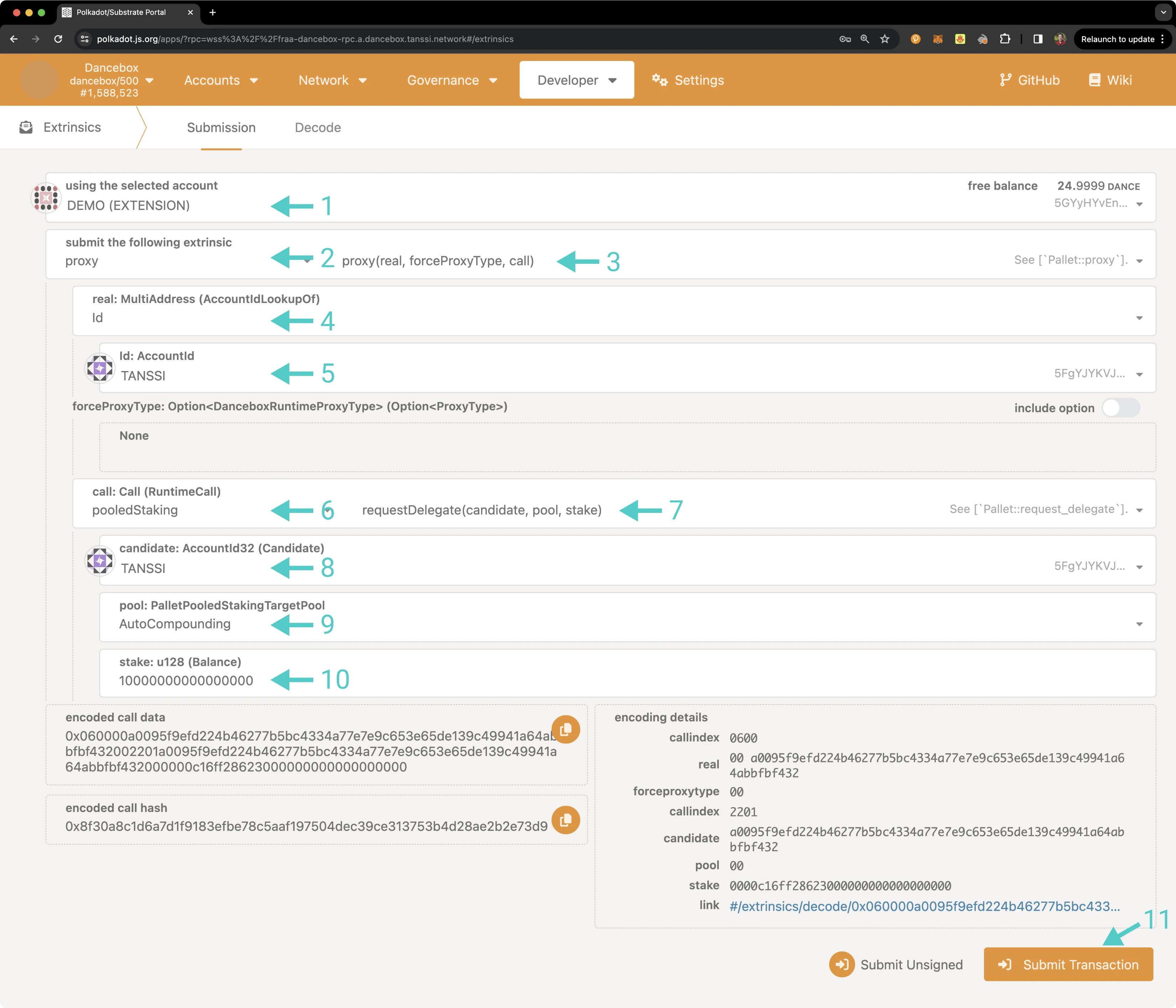 Execute a proxy transaction from the Extrinsics page of Polkadot.js Apps.